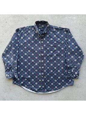 Vintage 90s Geometric Bandana Pattern Print Casual Shirt Navy Preppy Abstract
